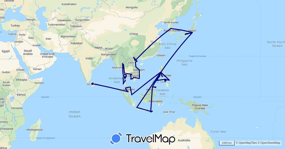 TravelMap itinerary: driving in Indonesia, Japan, Cambodia, South Korea, Sri Lanka, Malaysia, Philippines, Singapore, Thailand, Vietnam (Asia)